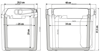 Disegno tecnico quotato di FT-25, frigorifero-scaldavivande portatile 25 litri, con le misure