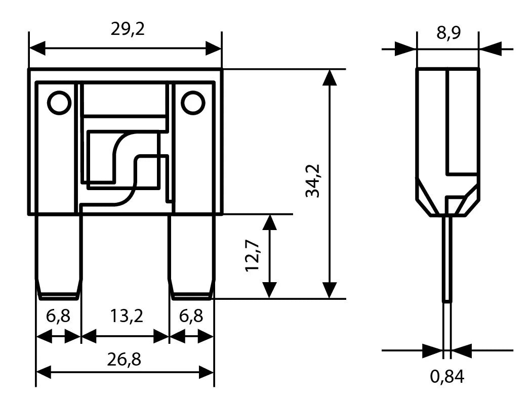 Disegno tecnico quotato di Fusibile lamellare Maxi, 12/32V, con le misure