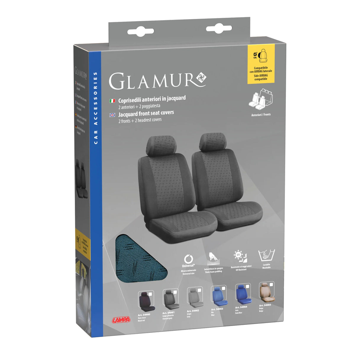 La confezione di Glamur, coppia coprisedili anteriori in jacquard, universali