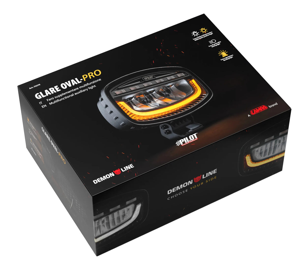La confezione di Glare Oval-Pro, faro supplementare multifunzione