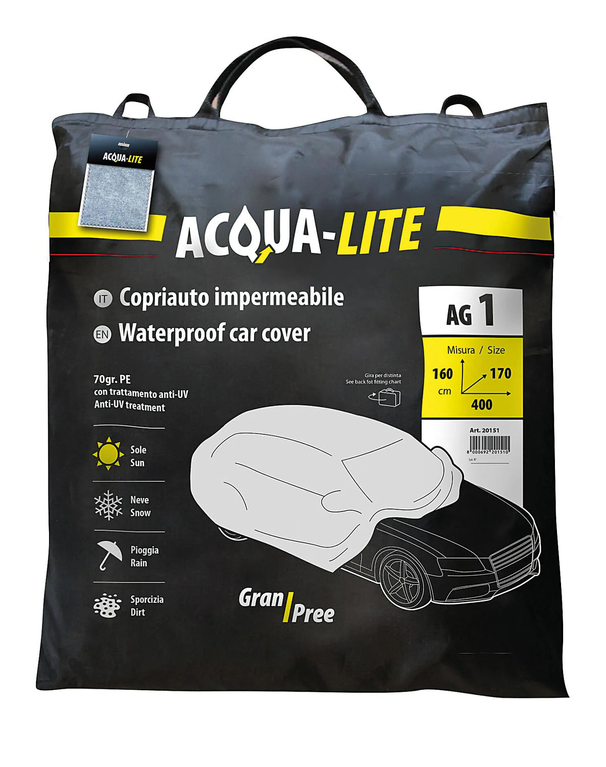 La confezione di Gran-Pree Acqua-Lite, copriauto impermeabile