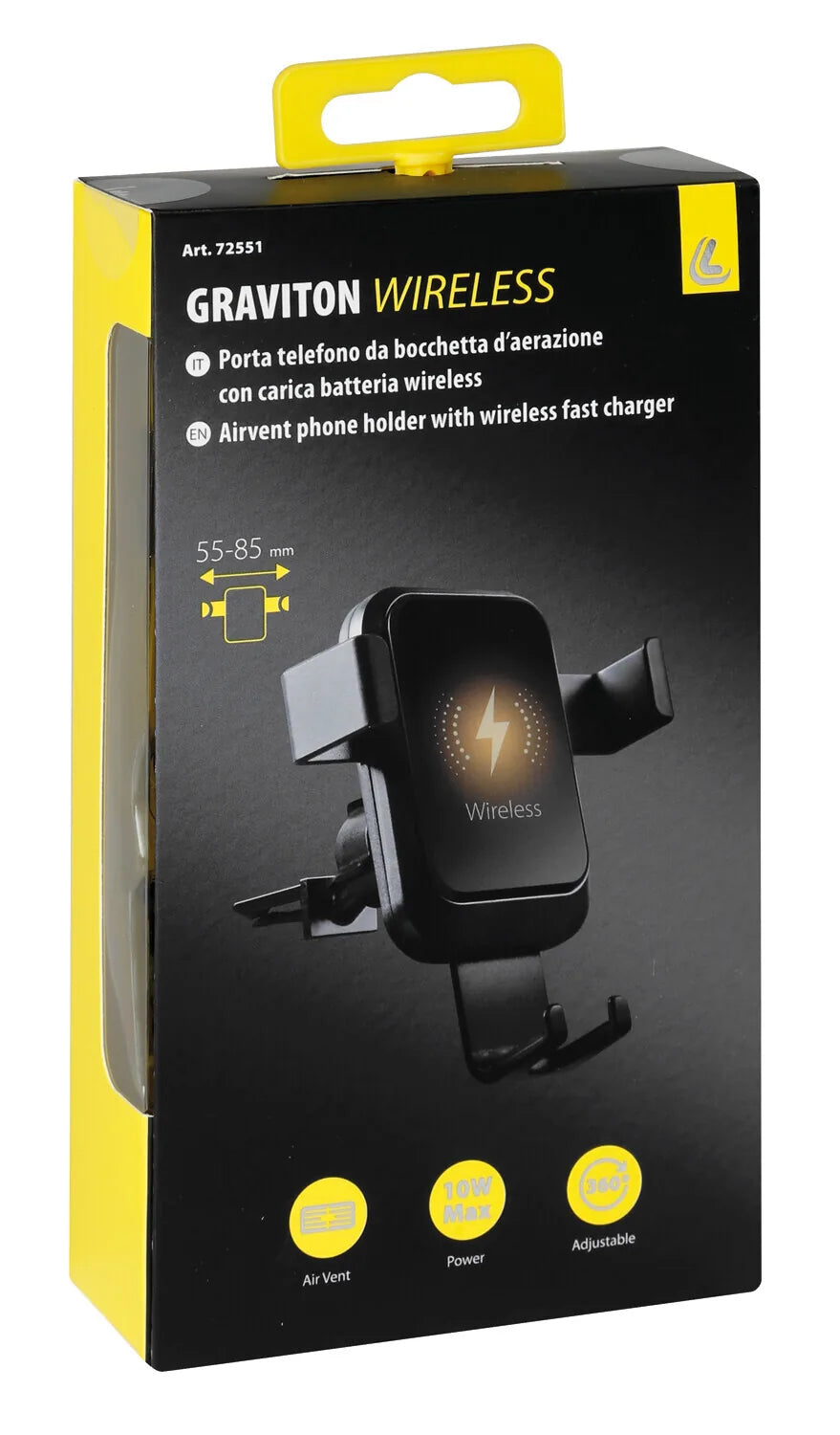 La confezione di Graviton Wireless, porta telefono per bocchette d’aerazione