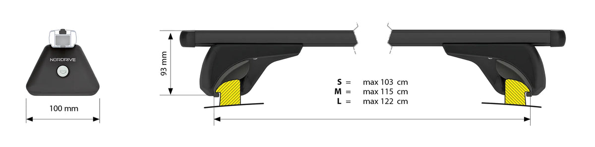 Disegno tecnico quotato di Helio Black In-Rail, set completo barre portatutto in, con le misure