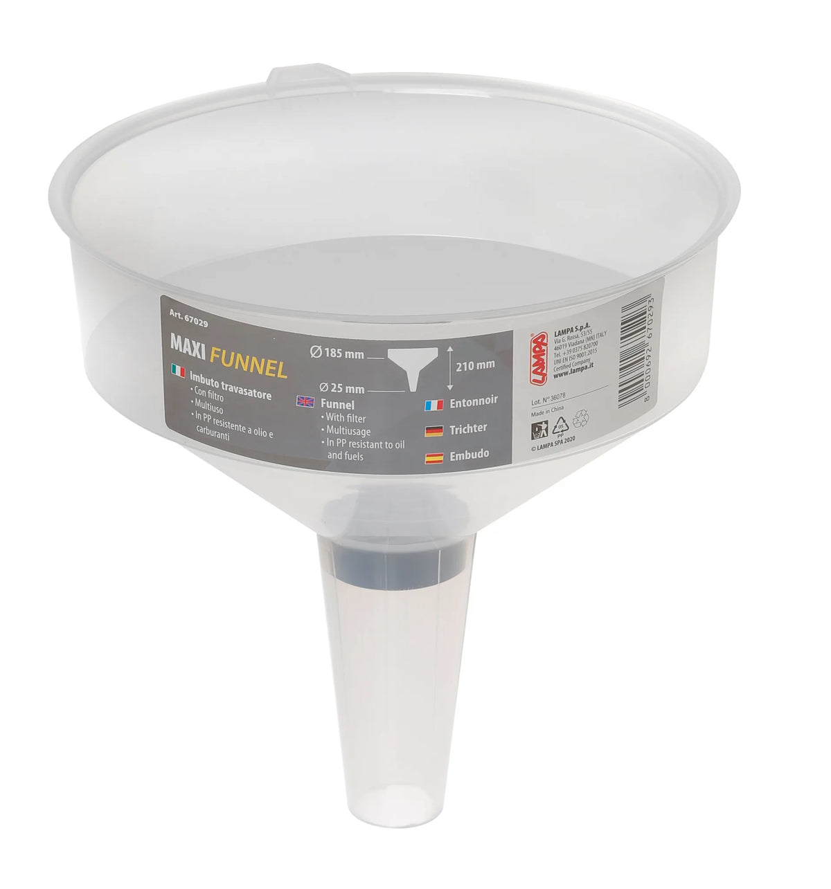 Imbuto travasatore maxi — multiuso, con filtro. In PP resistente a olio e carburanti
