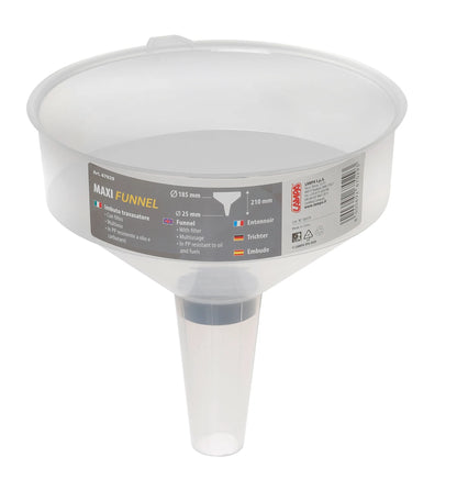 Imbuto travasatore maxi — multiuso, con filtro. In PP resistente a olio e carburanti