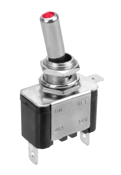 Interruttore a leva, in alluminio con spia a Led — 20A max. Funzione:Acceso/Spento. 3 contatti. Foro Ø 12 mm. Spessore max…