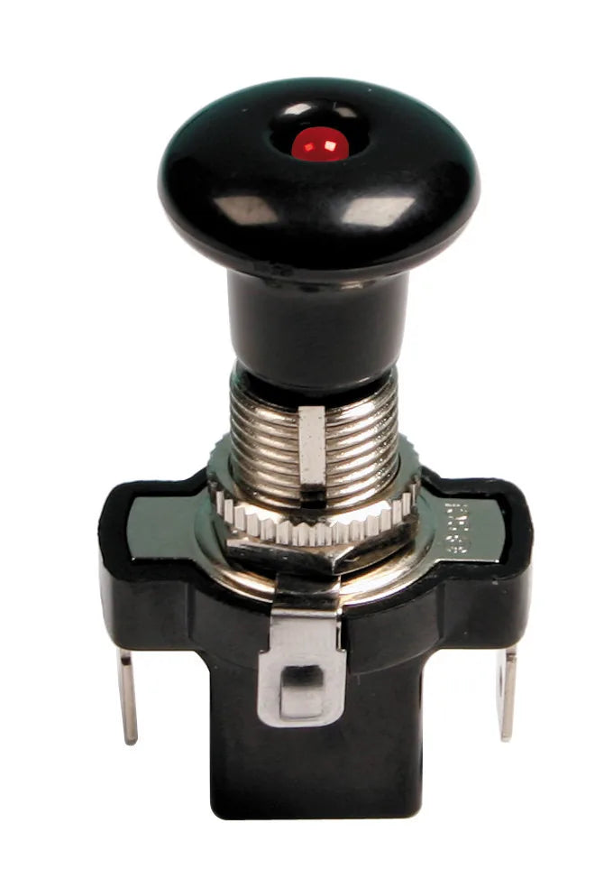 Interruttore tira-spingi con spia a Led — 10A max. Funzione:Acceso/Spento. 3 contatti. Foro Ø 12,2 mm. Spessore max 6 mm