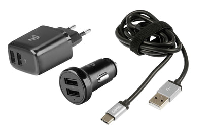 Kit 3 in 1 Usb Type-C - Fast Charge - 12/24V + 230V — caricatore da rete doppia Usb (3100 mA)