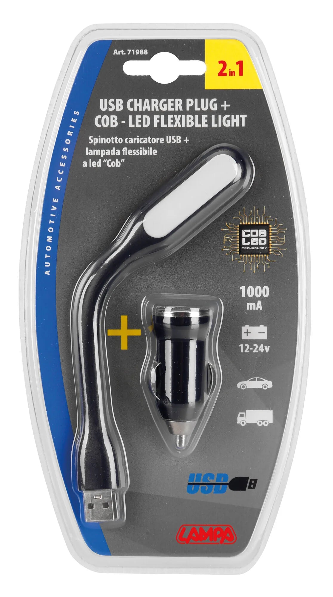 La confezione di Lampada flessibile a LED COB + caricatore USB 12/24V