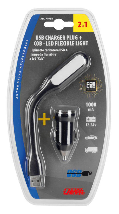 La confezione di Lampada flessibile a LED COB + caricatore USB 12/24V