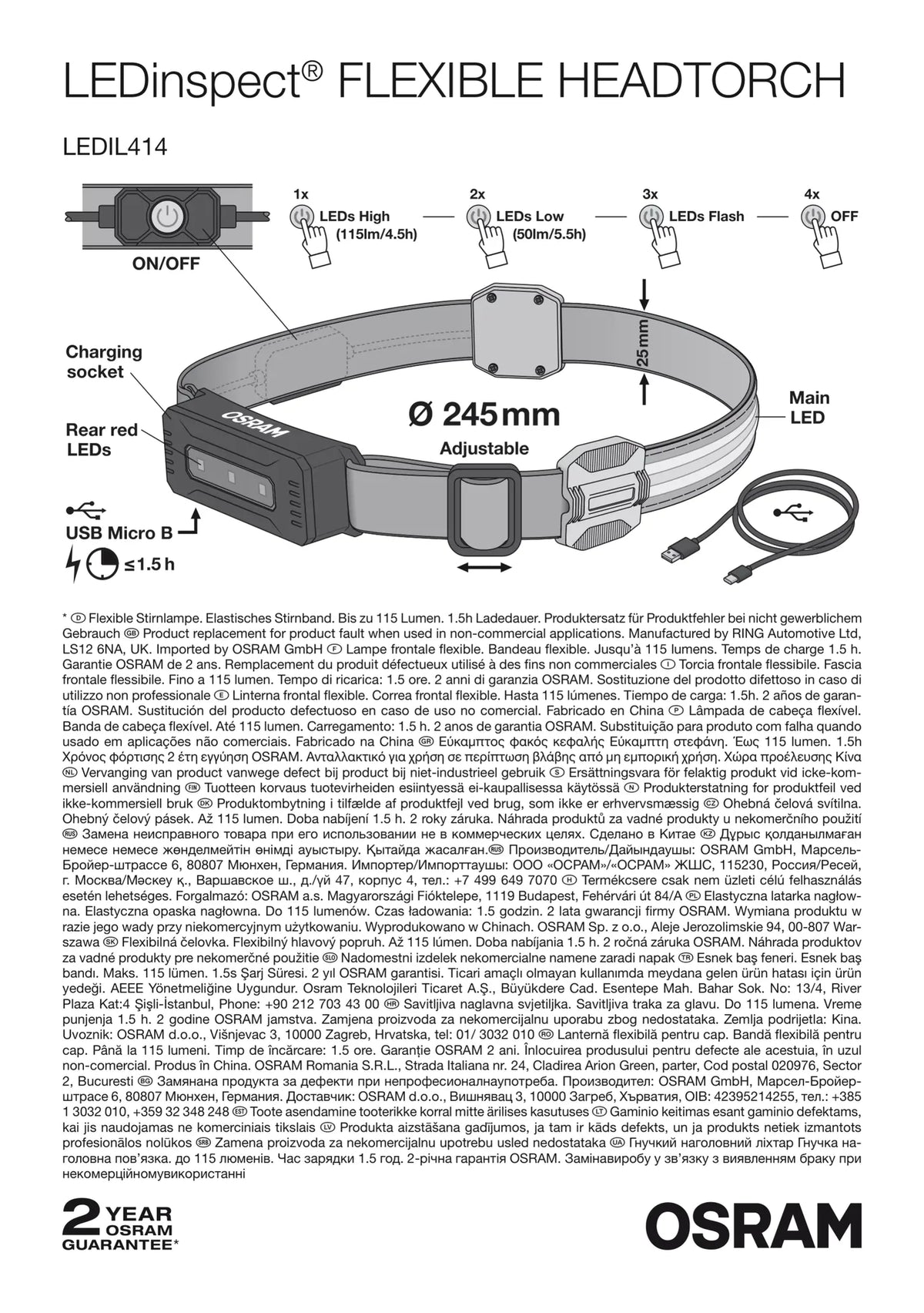 Disegno tecnico quotato di LEDinspect FLEXIBLE HEAD TORCH, torcia frontale flessibile, con le misure
