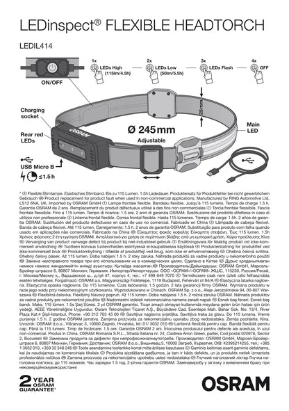 Disegno tecnico quotato di LEDinspect FLEXIBLE HEAD TORCH, torcia frontale flessibile, con le misure
