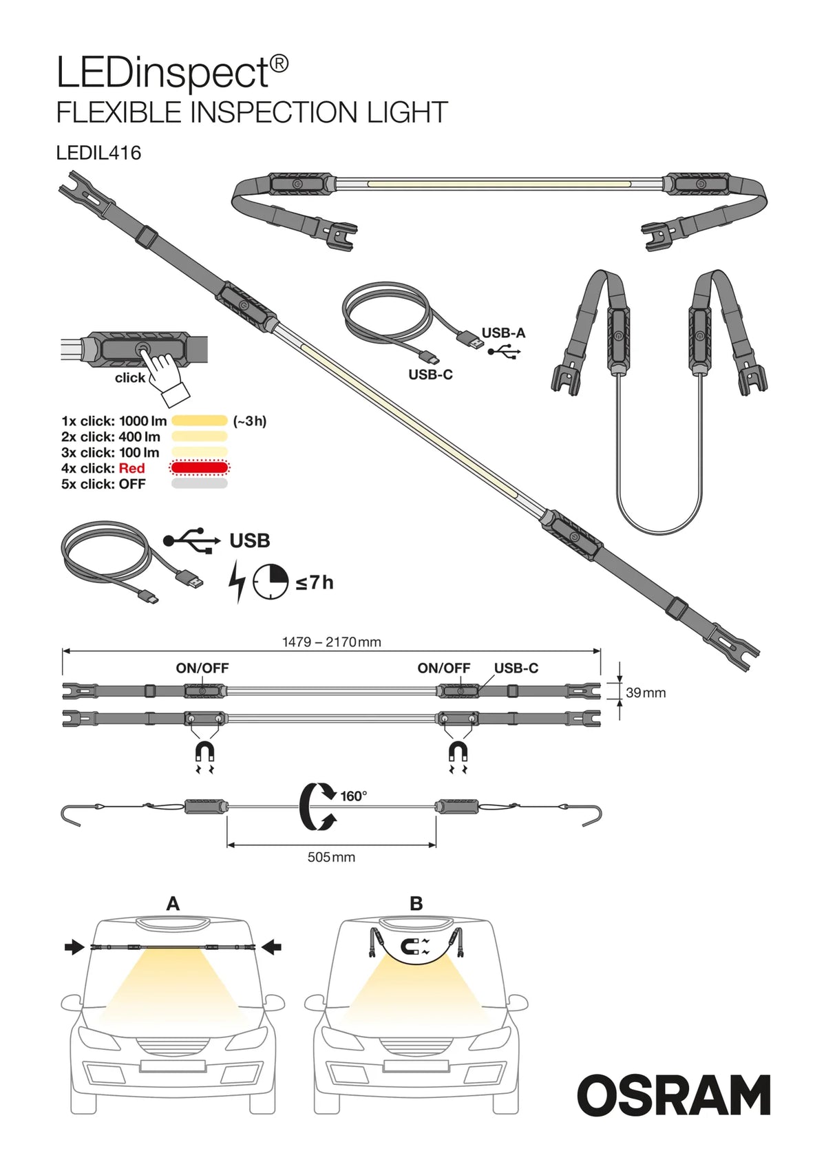 Disegno tecnico quotato di LEDinspect FLEXIBLE INSPECTION LIGHT, torcia da ispezione, con le misure