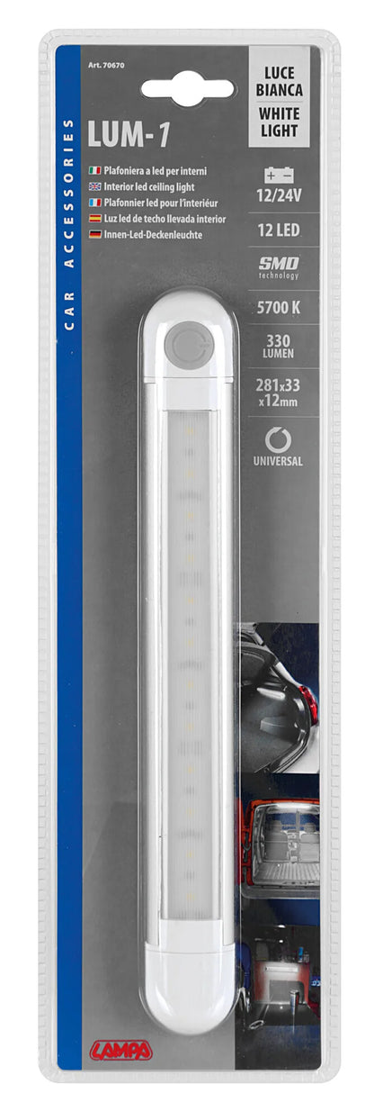 La confezione di Lum-1, lampada a Led, 12/24V