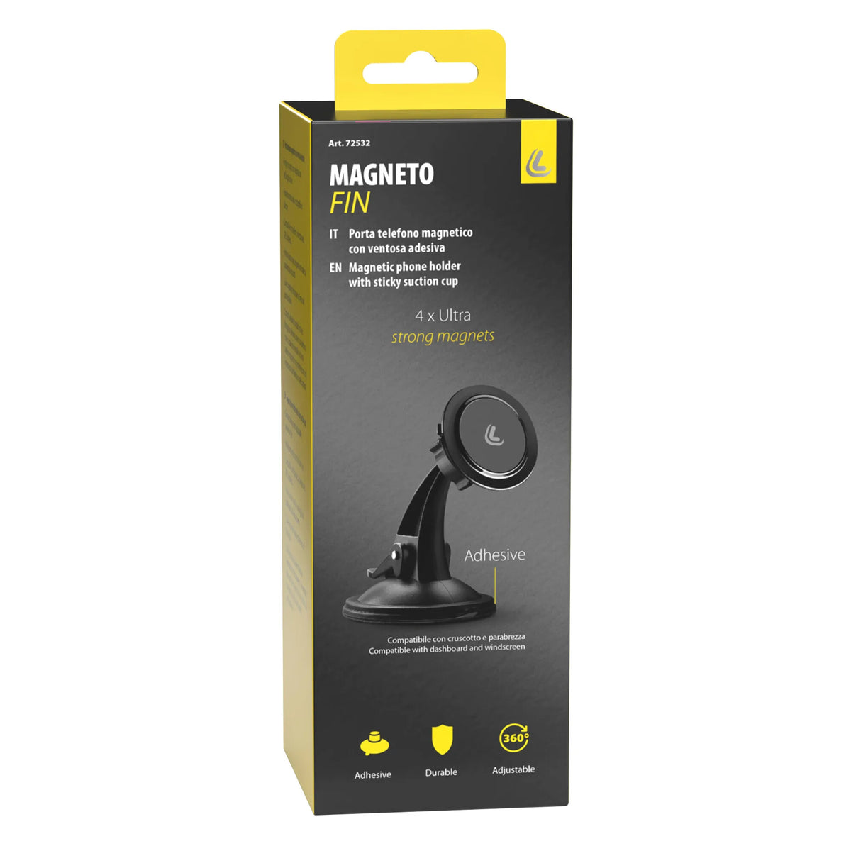 La confezione di Magneto Fin, porta telefono magnetico con ventosa adesiva