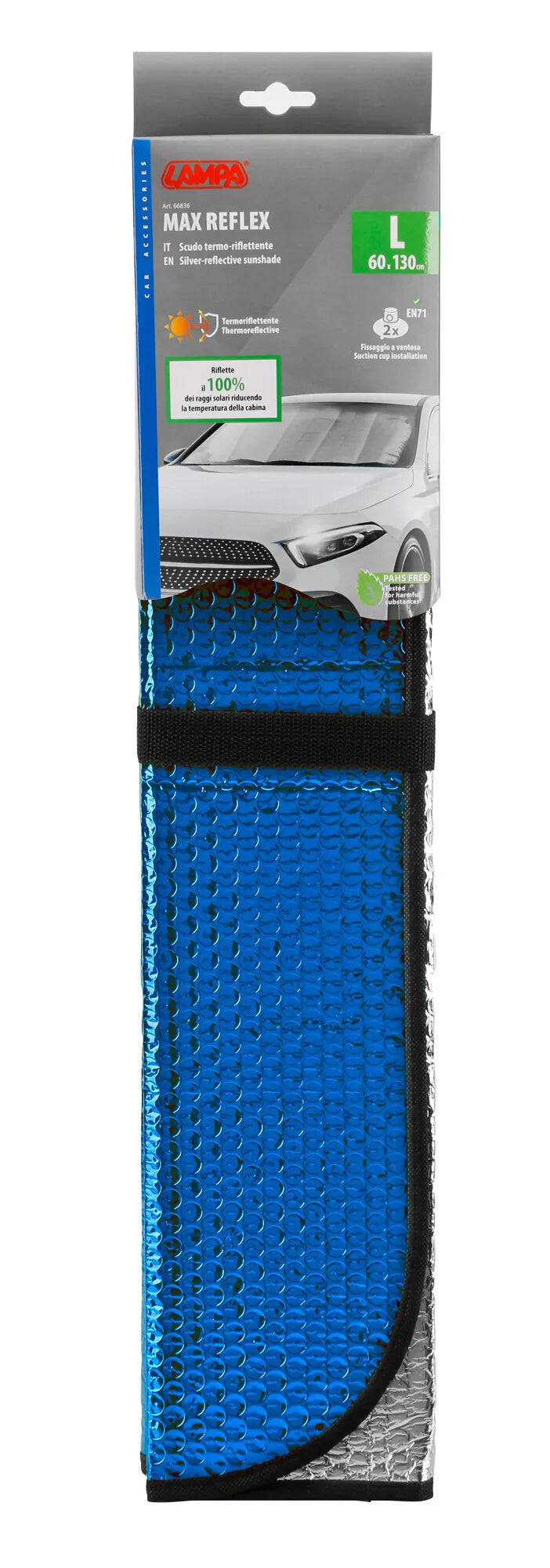 La confezione di Max-Reflex L, scudo termo-riflettente bicolore doubleface