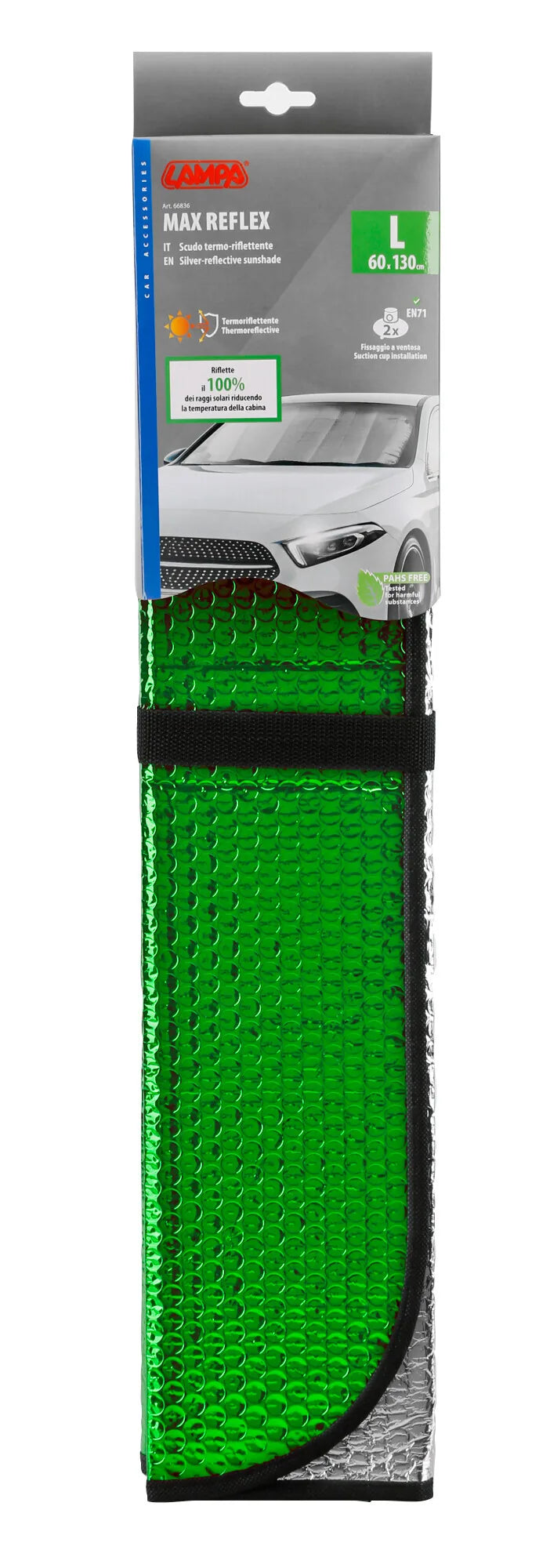 La confezione di Max-Reflex L, scudo termo-riflettente bicolore doubleface