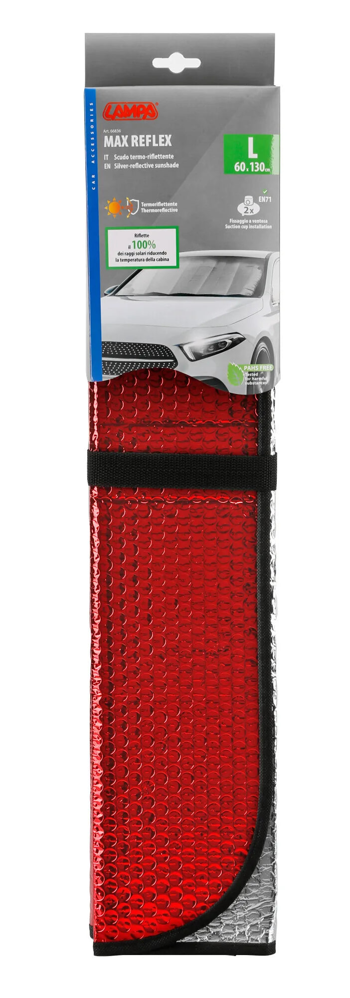 La confezione di Max-Reflex L, scudo termo-riflettente bicolore doubleface