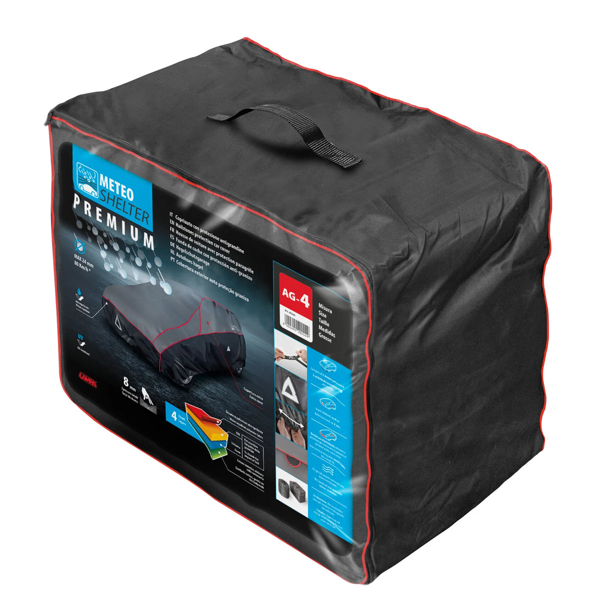 La confezione di Meteo Shelter Premium, copriauto con protezione antigrandine
