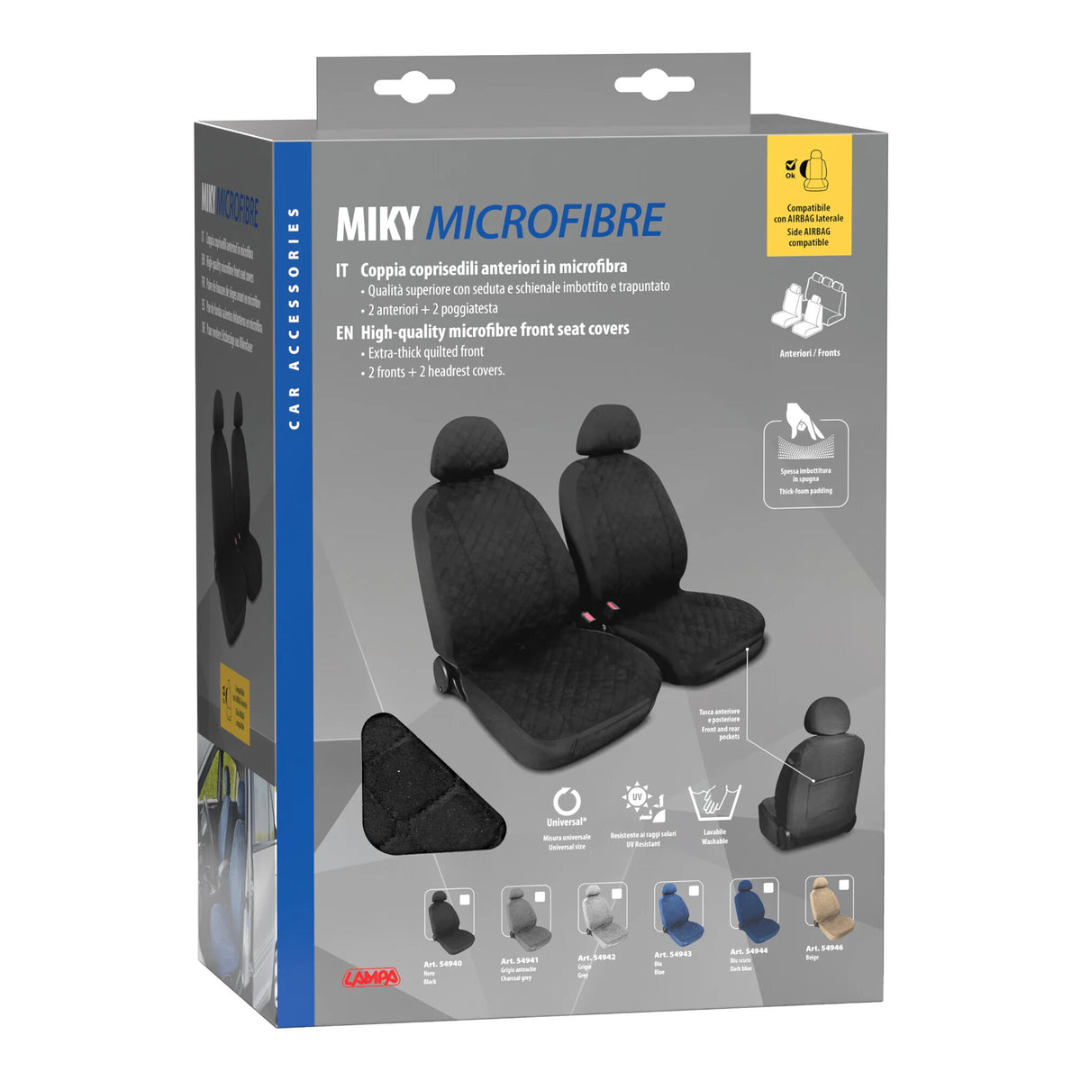 La confezione di Miky, coppia coprisedili anteriori in microfibra, universali