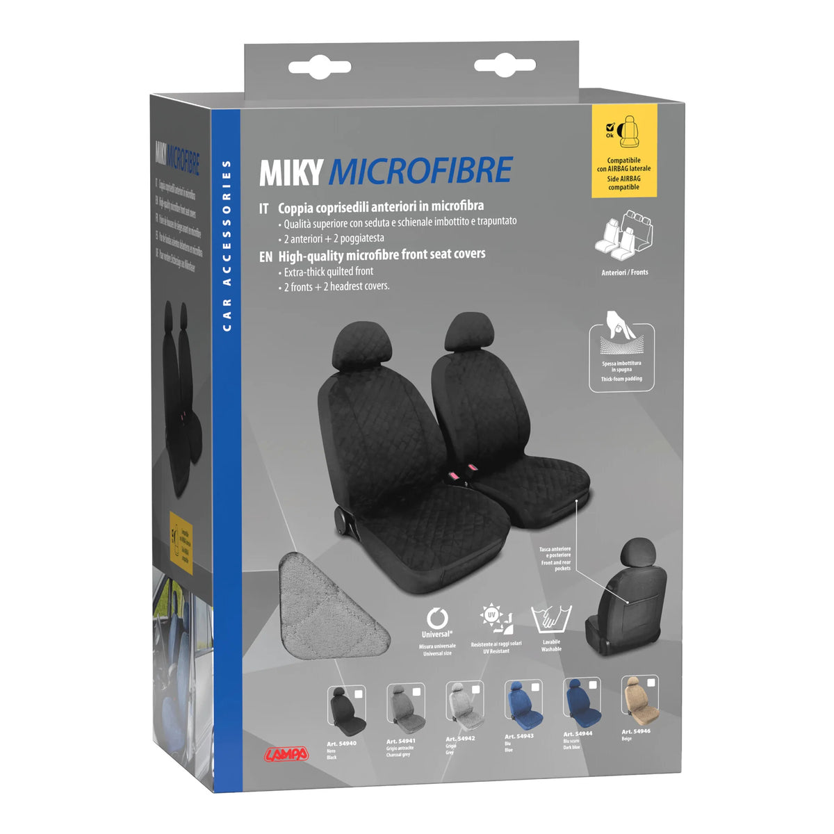La confezione di Miky, coppia coprisedili anteriori in microfibra, universali