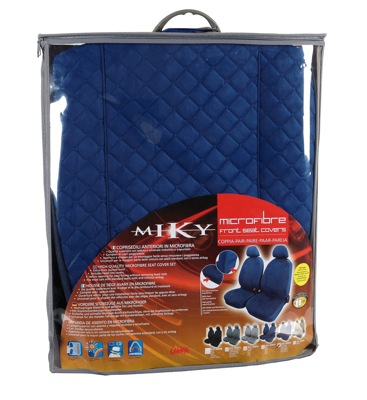 La confezione di Miky, coppia coprisedili anteriori in microfibra, universali
