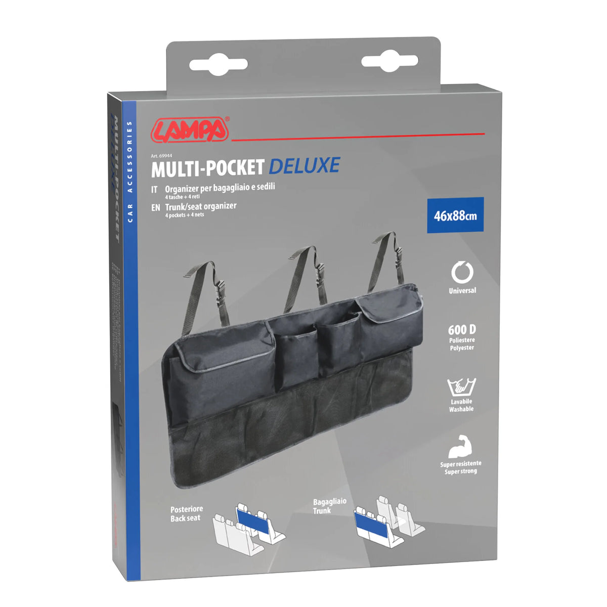 La confezione di Multi-Pocket DeLuxe, organizer bagagliaio/sedile