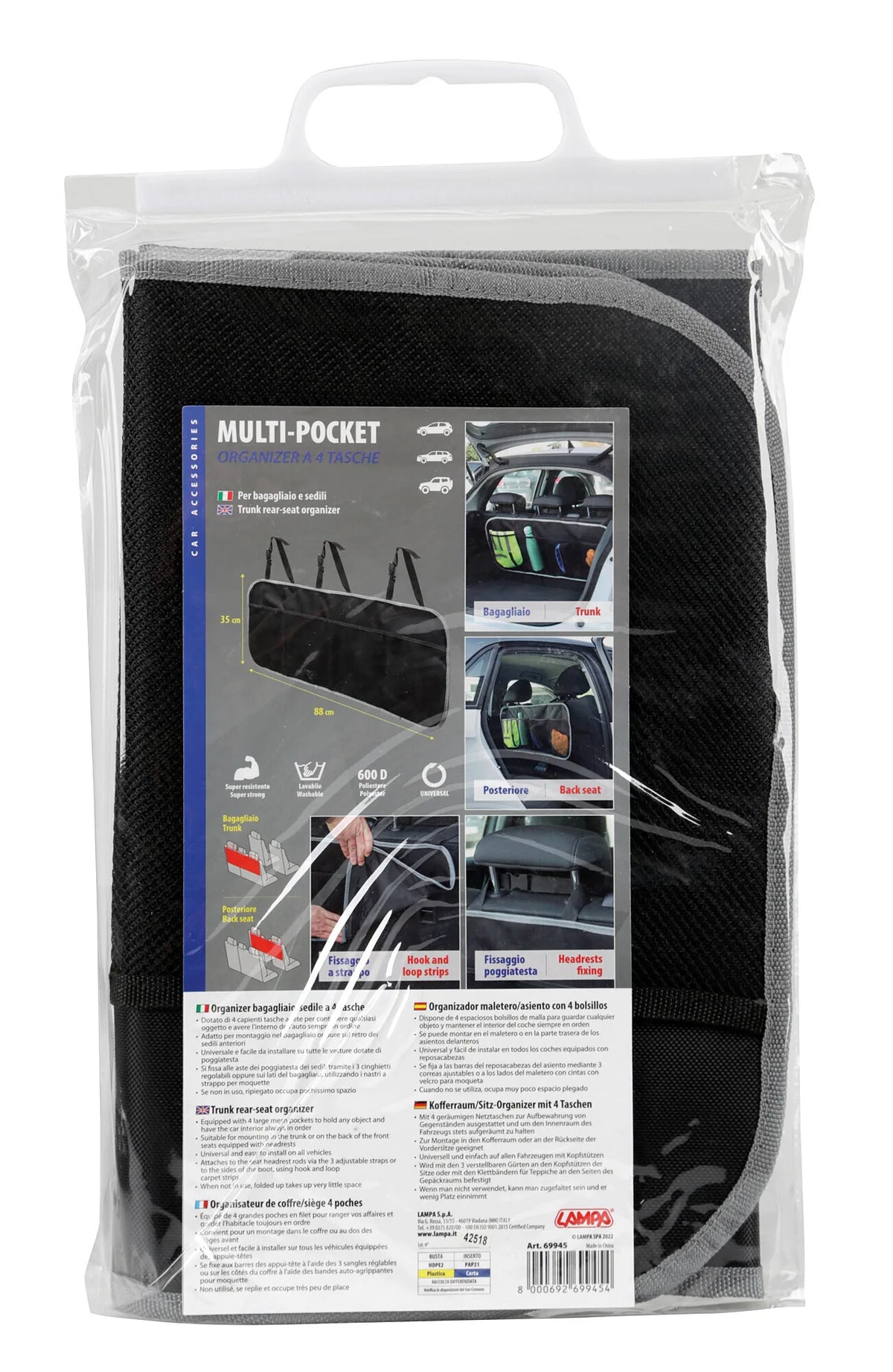 La confezione di Multi-Pocket, organizer baule/sedile a 4 tasche