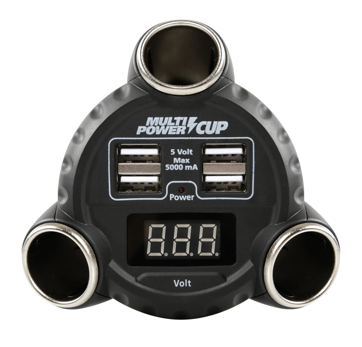Multi-Power Cup, 3 prese accendisigari + 4 USB e voltmetro — quattro porte USB a ricarica rapida (max 5000 mA)