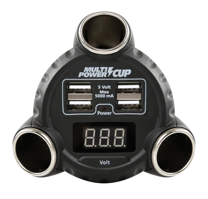 Multi-Power Cup, 3 prese accendisigari + 4 USB e voltmetro — quattro porte USB a ricarica rapida (max 5000 mA)