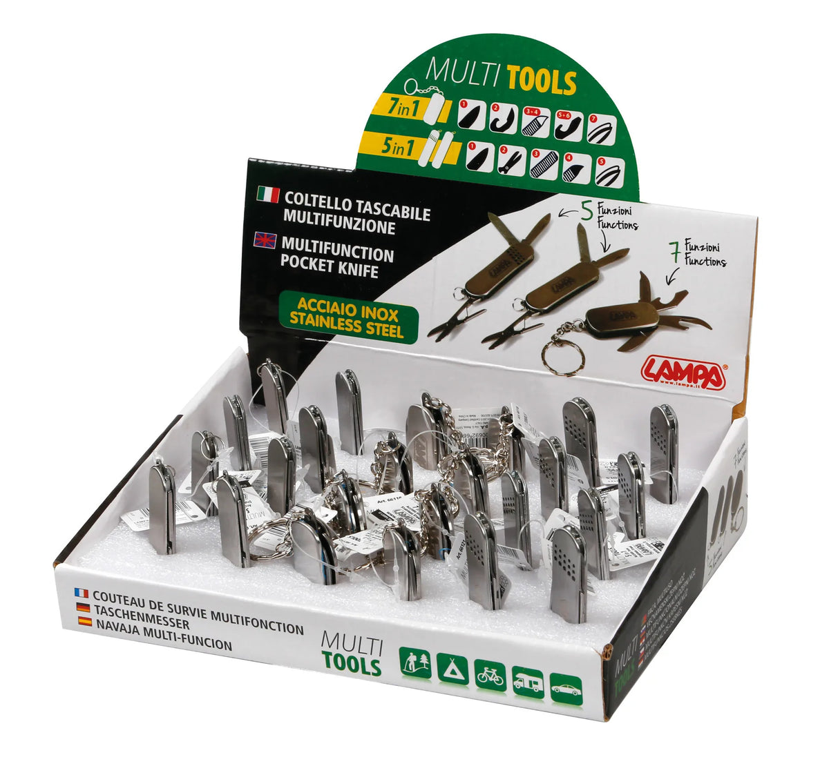 Multi Tools, coltelli multifunzione tascabili, espositore — completo di 24 pezzi assortiti in 3 modelli. In acciaio inox