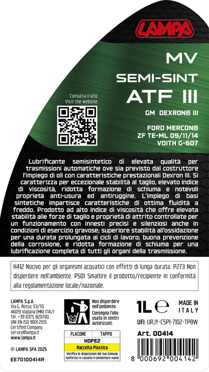 La confezione di MV Semi-Sint ATF III, olio trasmissioni automatiche - 1 L