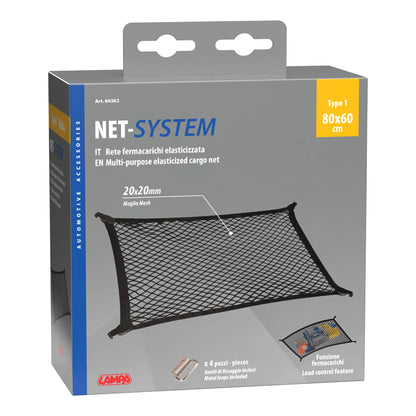 La confezione di Net-System-1, rete fermacarichi elasticizzata - 80x60 cm