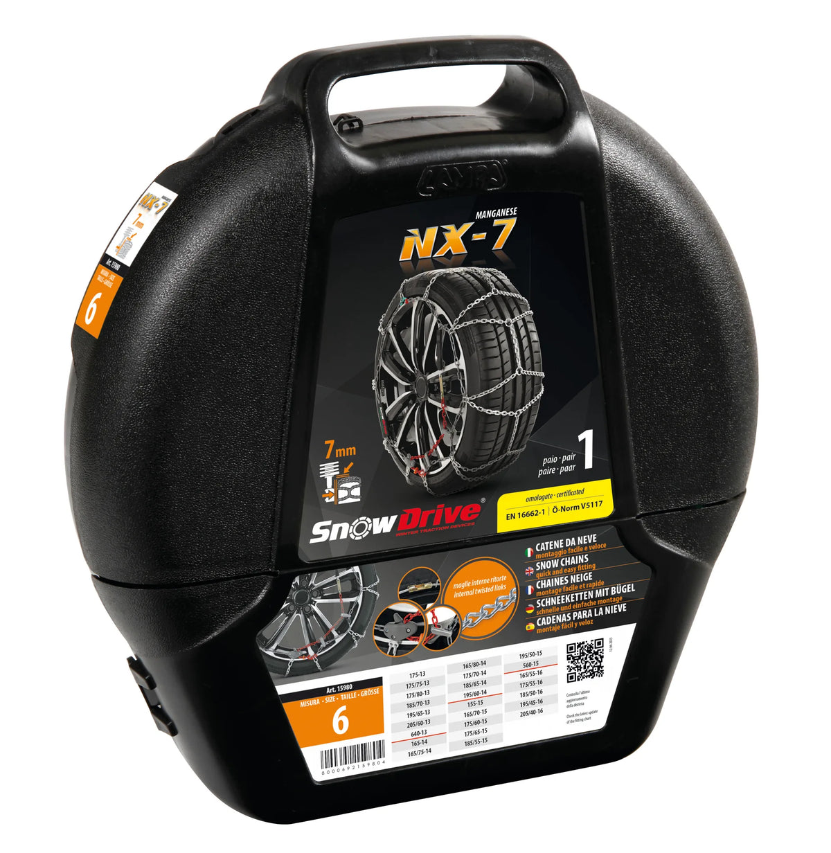 La confezione di NX-7 - Catene da neve per autovetture, doppia sezione 7/9 mm