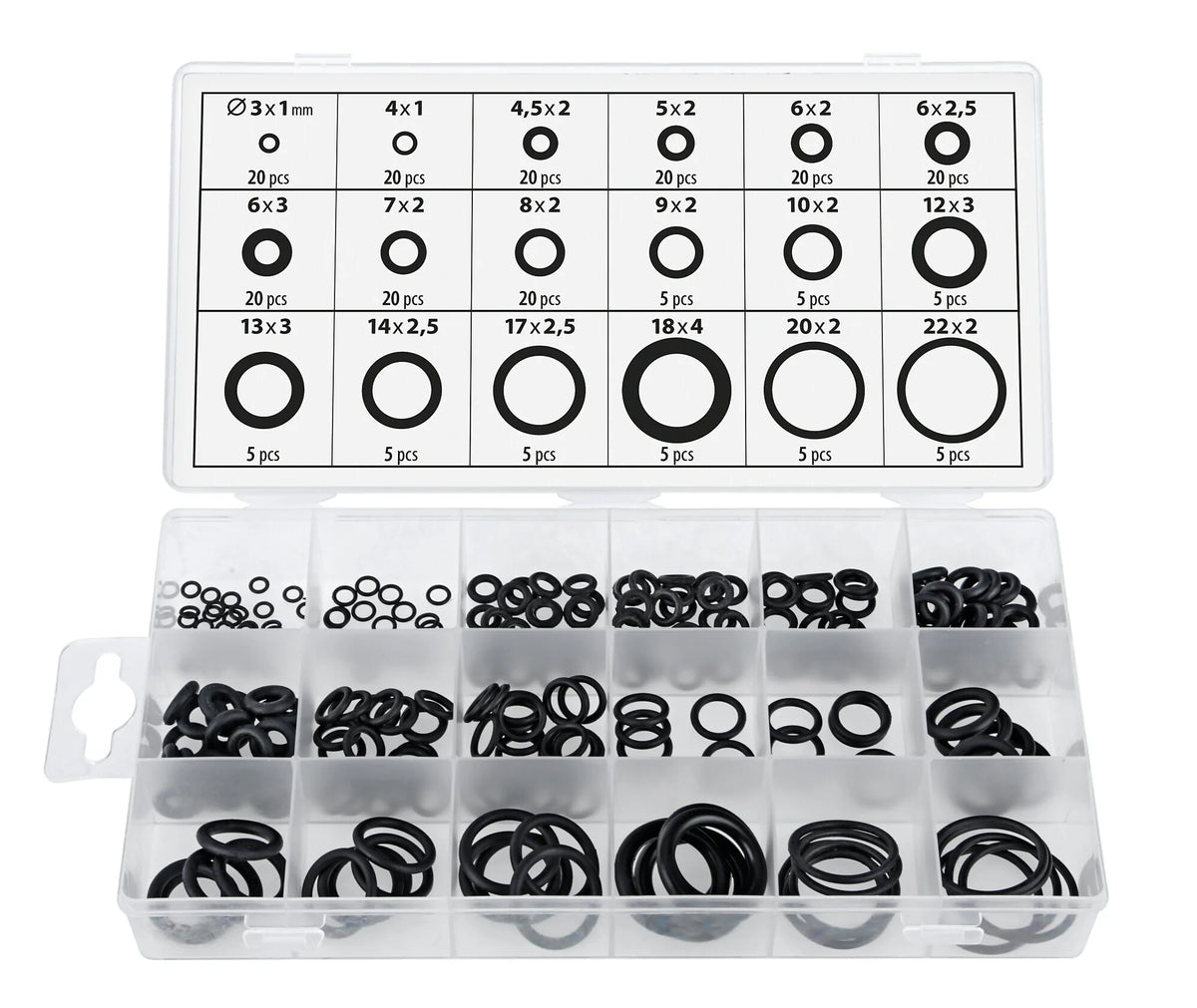 O-Ring, assortimento 225 pz, 18 misure su fondo bianco, vista 2