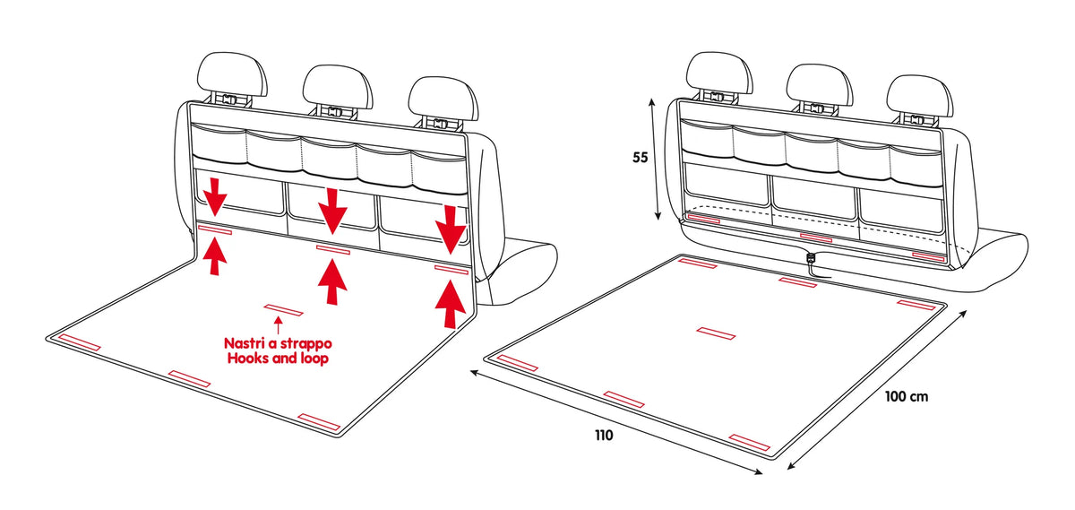 Disegno tecnico quotato di Organizer baule con tappeto di protezione, con le misure