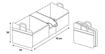 Disegno tecnico quotato di Organizer Deluxe per baule, con le misure