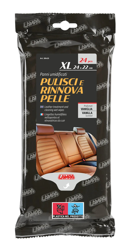 Panni umidificati pulisci e rinnova pelle - 24 pz - 24x22 cm su fondo bianco