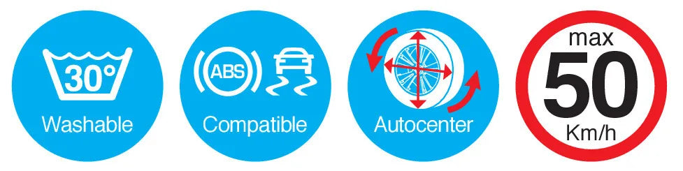 Disegno tecnico quotato di Performance, coppia di calze da neve per auto, con le misure, vista 2