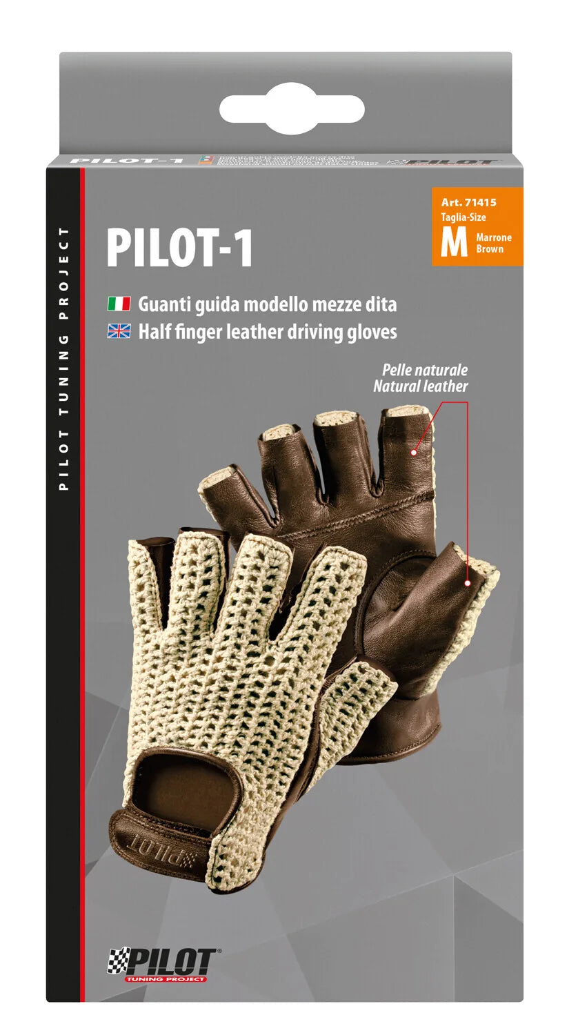 La confezione di Pilot-1, guanti guida mezze dita - L