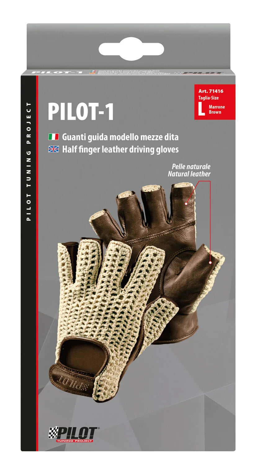 La confezione di Pilot-1, guanti guida mezze dita - L