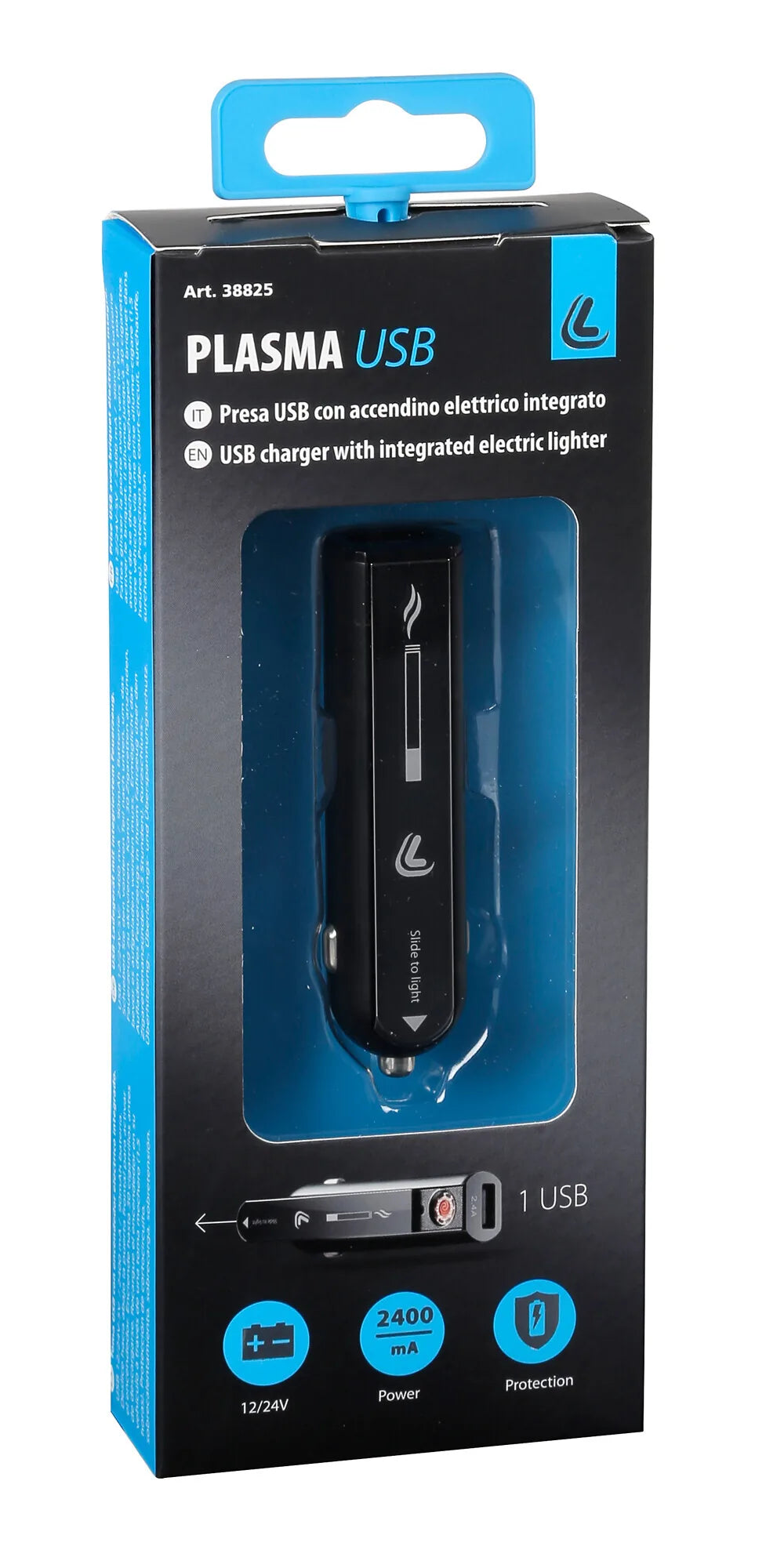 La confezione di Plasma Usb, caricabatteria 1 porta Usb con accendino