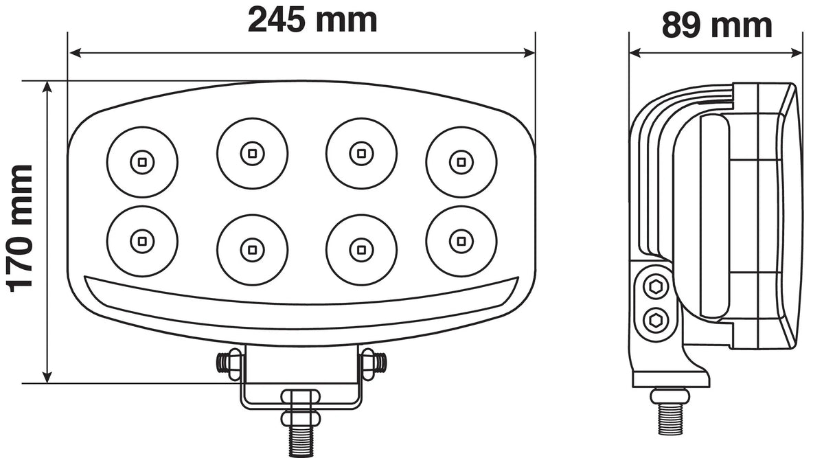 Disegno tecnico quotato di Pluton Nix, faro di profondità LED con luce di posizione, con le misure