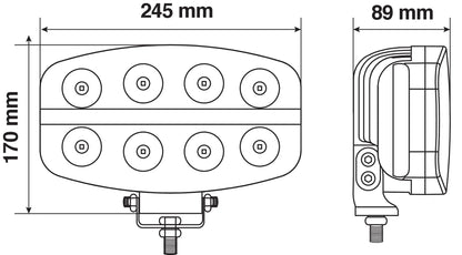 Disegno tecnico quotato di Pluton Nova, faro di profondità LED con luce di posizione, con le misure
