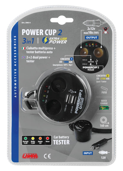 La confezione di Power cup 2, multipresa con Usb e tester batteria, 12V