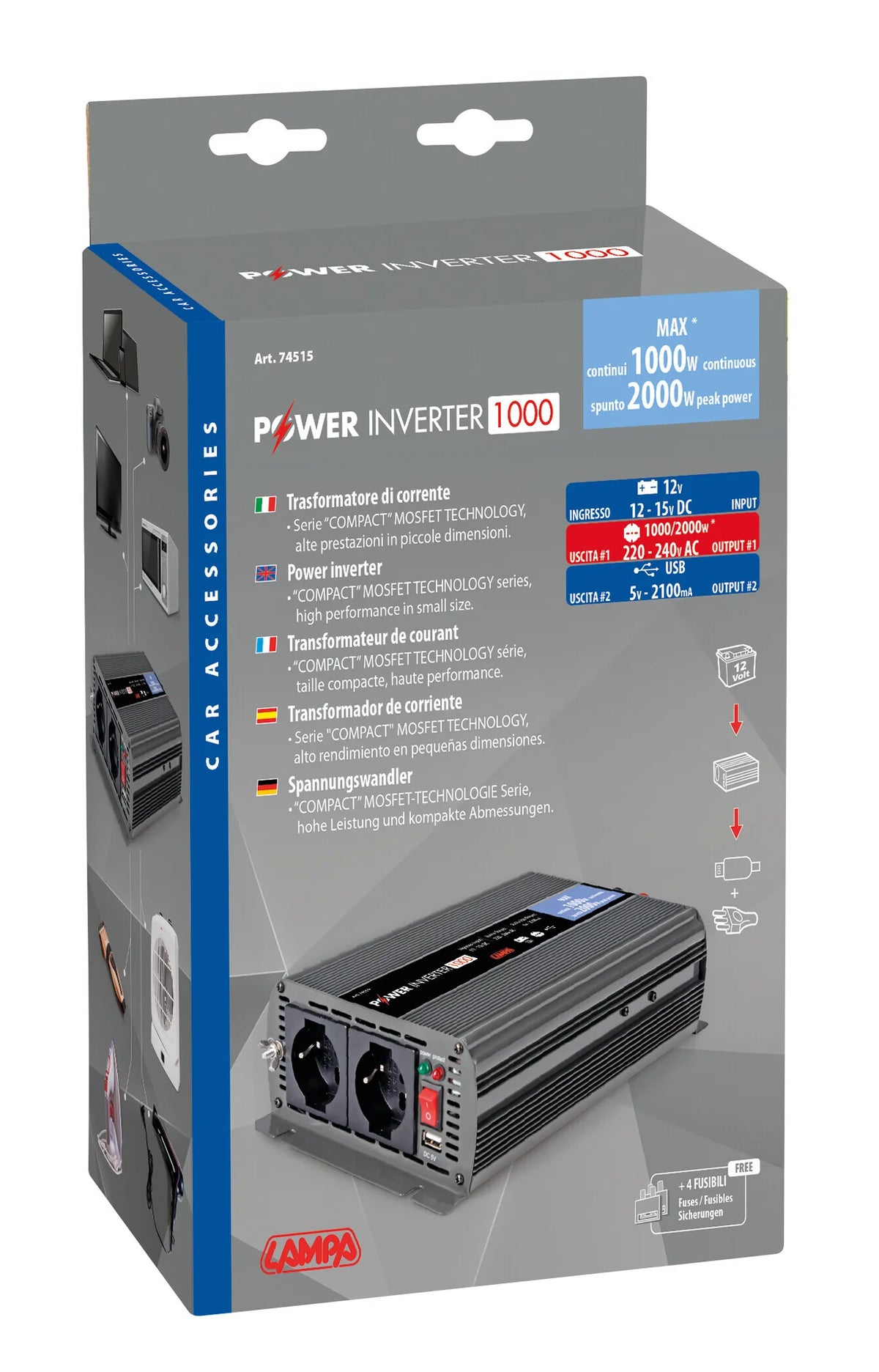 La confezione di Power Inverter 1000, trasformatore 12V > 220V