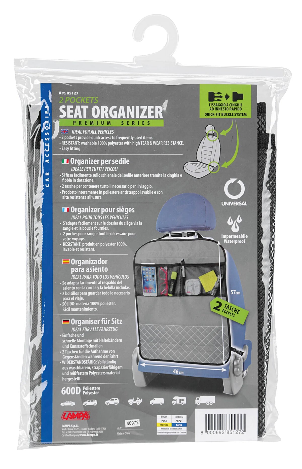 La confezione di Premium, organizer per sedili, 2 tasche