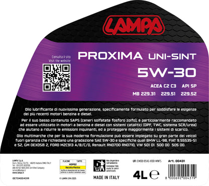 La confezione di Proxima Uni-Sint 5W-30, olio motore auto - 4 L
