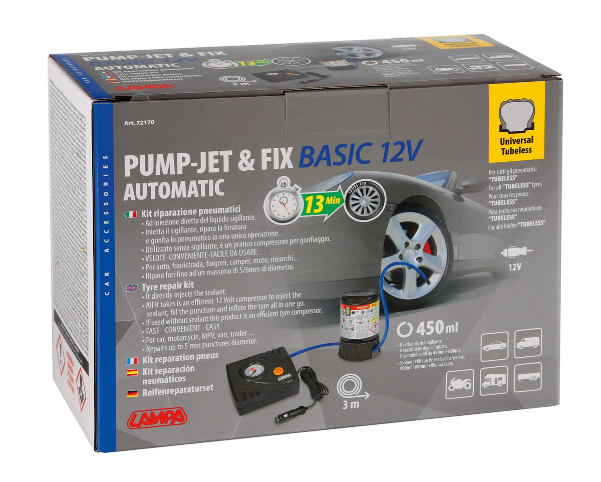 La confezione di Pump-Jet & Fix Basic, kit riparazione pneumatici, 12V