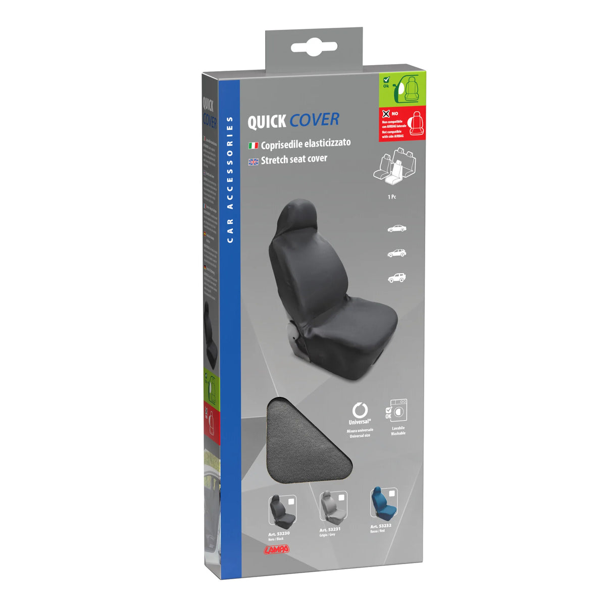 La confezione di Quick Cover, coprisedile elasticizzato anteriore